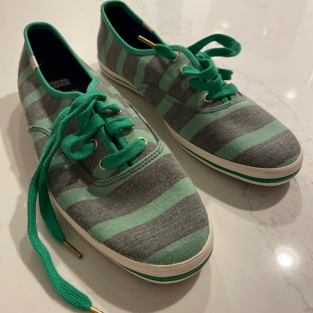 Keds Kate Spade Green and Gray Striped Shoes 8.5